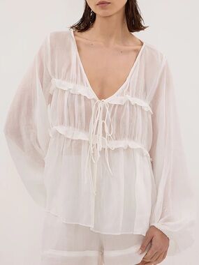Dissh Mila White Ramie Long Sleeve Frill Top